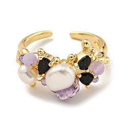 真鍮オープンカフリング  アメジストと  パール  女性のためのジュエリー  花  14KGP本金メッキ  内径：18mm&nbsp;RJEW-K265-03G
