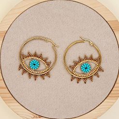 女性のためのガラスシード編組ナザールボンジュウフープピアス  シアン  ゴールドカラー  40mm&nbsp;EJEW-BB7272727