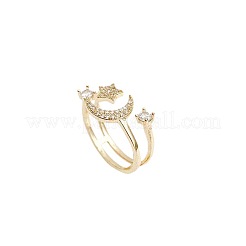 女性用真鍮マイクロパヴェクリアキュービックジルコニアオープンカフリング  月＆星  ゴールドカラー  内径：16~19mm&nbsp;FS-WGCF28E-01