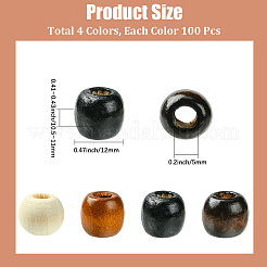 400個 4色木製ヨーロピアンビーズ  大穴ビーズ  バレル  ミックスカラー  12x10.5~11mm  穴：5mm  100個/カラー&nbsp;WOOD-PA0001-01