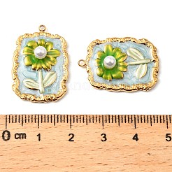 304ステンレススチールエナメルペンダント  ABSイミテーションパール付き  花のチャームが付いた長方形  ゴールドカラー  黄緑  25.5x18x5mm  穴：1.5mm&nbsp;STAS-Z145-11G-03