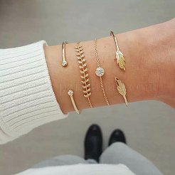 4Pcs 4 Styles Feather & Flat Round Alloy with Crystal Rhinestone Cuff Bangles & Link Bracelets&nbsp;FS-WGEDE23-01