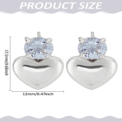 ハート真鍮マイクロパヴェクリアキュービックジルコニアスタッドピアス1組  プラチナ  17.5x12mm&nbsp;EJEW-LP0004-98P