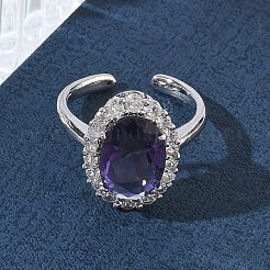 女性用真鍮マイクロパヴェキュービックジルコニアカフオープンリング  オーバル  ガラスと  長持ちメッキ  ラックめっき  プラチナ  ミックスカラー  17mm&nbsp;RJEW-L343-17P