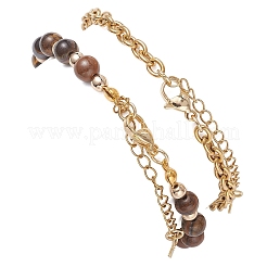 2Pcs 2 Styles Round Natural Grade AB Tiger Eye & Synthetic Hematite Beaded Bracelets & 304 Stainless Steel Cable Chains Bracelets for Women&nbsp;BJEW-JB12800-01