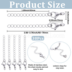 30連売り304ステンレススチールチェーンエクステンダー  ステンレス鋼色  65~70mm  クラスプ：9x15mm  チェーン：43mm  リング：6x1mm。&nbsp;STAS-BM0001-06