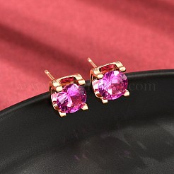スクエア真鍮マイクロパヴェキュービックジルコニアスタッドピアス  カドミウムフリー＆鉛フリー  ラックめっき  長持ちメッキ  ゴールドカラー  オールドローズ  8.5x7mm&nbsp;EJEW-D318-03KCG-B