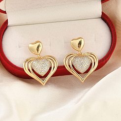 真鍮マイクロパヴェクリアキュービックジルコニアダングルスタッドピアス（女性用）  ハート  18KGP本金メッキ  29x21.5mm&nbsp;LS-EJEW-F352-05G-03