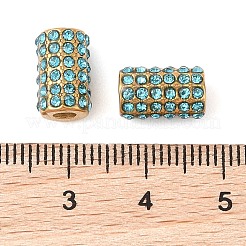 イオンプレーティング（IP）304ステンレスビーズ  ラインストーン付き  コラム  ゴールドカラー  アクアマリン  11x7mm  穴：3mm&nbsp;STAS-NH0001-02G-04