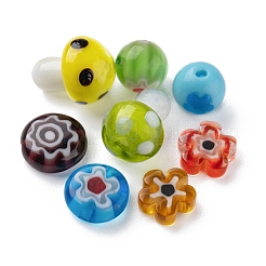50個4スタイルの手作りランプワークビーズ  丸 & 平 丸 & きのこ & 花  ミックスカラー  3.2~14x3.2~11mm  穴：1~1.5mm&nbsp;LAMP-FS0001-06