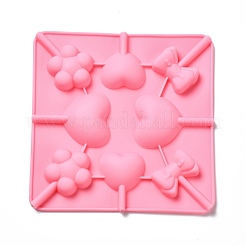 食品グレードのシリコーン型を作るDIYロリポップ  キャンディ型  花  ハート＆ちょう結び  8つの空洞  ピンク  150x150x12mm  3mmスティックにフィット&nbsp;DIY-P065-06