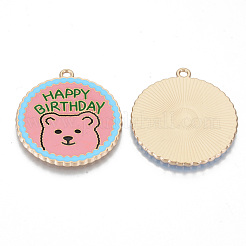 合金エナメルチャーム  カドミウムフリー＆鉛フリー  クマと言葉お誕生日おめでとうとフラットラウンド  ライトゴールド  ピンク  30.5x28x1.5mm  穴：1.8mm&nbsp;X-ENAM-T011-44KC-RS