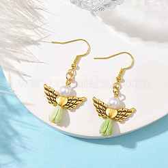 エンジェル アンティーク ゴールド合金 & 樹脂ダングル イヤリング  イミテーションパールアクリルドロップイヤリング  ダークオリーブグリーン  45x21.5mm&nbsp;EJEW-JE05686-03