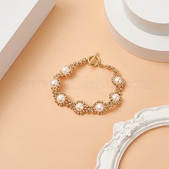 ナチュラルパールビーズブレスレット  女性用 304 ステンレススチール留め金付き真鍮ラウンド編みブレスレット  ホワイト  6-7/8インチ（17.4cm）&nbsp;BJEW-JB09079
