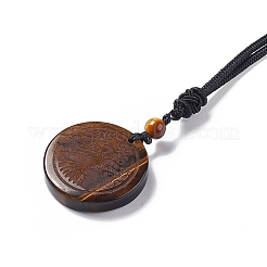 Natural Gemstone Flat Round with Tree of Life Pendant Necklace with Nylon Cord for Women&nbsp;NJEW-P274-03