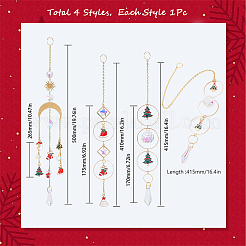 クリスマステーマのサンキャッチャーガラスペンダントデコレーション4個、4スタイル  人工水晶吊り下げ飾り  真鍮と鉄のパーツと合金エナメルのチャーム付き  混合形状  ゴールドカラー  415~500mm  1個/スタイル&nbsp;AJEW-SC0001-51
