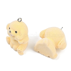 フロッキー樹脂ペンダント  犬  プラチナ鉄ループ付き  ゴールド  29x28x18.5mm  穴：2mm&nbsp;FIND-A052-06C