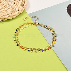2層の真鍮製のカーブチェーンアンクレット  手作りのガラスビーズチェーンとペーパークリップチェーン付き  304ステンレススチールハートチャーム  カニカン  カラフル  9-1/4インチ（23.5cm）&nbsp;AJEW-AN00311-02