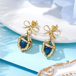 Natural Tiger Eye Bowknot Dangle Stud Earrings&nbsp;EJEW-MZ00348