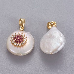 天然養殖淡水パールペンダント  真鍮マイクロパヴェキュービックジルコニアのパーツ  花とナゲット  長持ちメッキ  ゴールドカラー  濃いピンク  17~27x12~16x6~12mm  穴：4x2.5mm&nbsp;KK-L187-02C