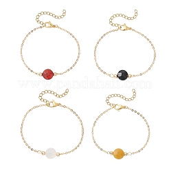 4Pcs Natural Red Agate & Black Agate & Topaz Jade & White Agate Flat Round Beaded Link Bracelets&nbsp;BJEW-JB12083