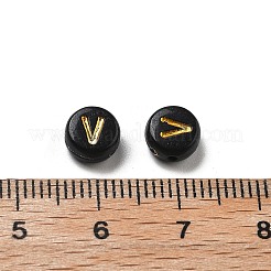 不透明なメッキアクリルビーズ  ゴールドライン入り  アルファベット付きフラットラウンド  V字  7x3.5mm  穴：1.2mm  約3846個/500g&nbsp;OACR-R005-03V