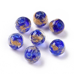 手作りの金箔ガラスビーズ  ラウンド  ブルー  10x9~10mm  穴：1.6~2mm&nbsp;LAMP-C004-03A