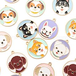 32個8スタイルの環境に優しい合金エナメルペンダント  犬のテーマ  カドミウムフリーと鉛フリー＆ニッケルフリー  犬と一緒にフラットラウンド  ライトゴールド  ミックスカラー  4個/スタイル&nbsp;ENAM-LS0001-39