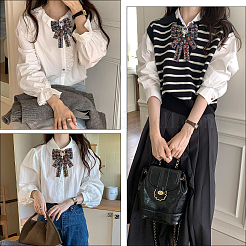 バックパックの服に使えるポリエステルの蝶結びブローチ  鉄製の留め具と模造真珠付き  ブラック  210x140mm&nbsp;JEWB-WH20006-10B