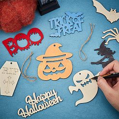 木製の装飾品  ジュートより糸付き  ハロウィン吊り飾り  パーティーギフトの家の装飾  ミックスカラー  48.5~90x53.5~112x2.5mm  穴：2.5~4.5mm  10のセット/袋&nbsp;WOOD-PH0009-31