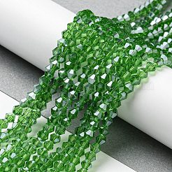 透明電気メッキガラスビーズ連売り  パール光沢メッキ  多面カット  双円錐形  ライムグリーン  2.9~3.3x2.5mm  穴：0.7mm  約135~140個/連  38~40cm&nbsp;LS-EGLA-A039-T2mm-A03