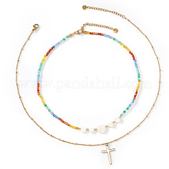Summer Beach Rainbow Natural Mixed Stone and White Shell Heart Beaded Double Layer Necklaces with Stainless Steel Religion Cross Pendant&nbsp;EX6128-1