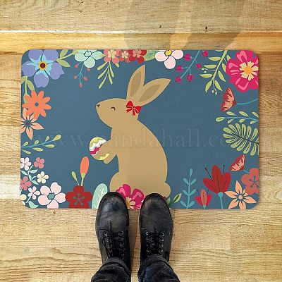 リネンポリエステルとゴムのグランドマット  長方形  ティール  兎  40x60cm&nbsp;AJEW-WH0142-019-1