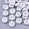 Plating Acrylic Beads, Silver Metal Enlaced, Horizontal Hole, Flat Round with Letter, White, Letter.M, 7x4mm, Hole: 1.2mm, about 3600pcs/500g.