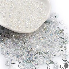 6/0 Inside Colours Fringe Glass Seed Beads, Teardrop, Clear AB, 4.5~5x3.5~4x4~5mm, Hole: 1mm, about 4000pcs/pound