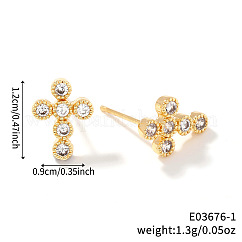 Brass Pave Clear Cubic Zirconia Stud Earrings, Golden, Cross, 12x9mm