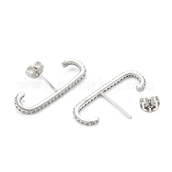 クリスタルラインストーンスタッドピアス付き真鍮  C字型  プラチナ  13.5x23x1mm  ピン：0.6mm&nbsp;EJEW-D252-01P