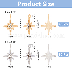 60色合金ラインストーンペンダント2個。  スターのチャーム  プラチナ＆ライトゴールド  22x16x4mm  穴：2mm  30個/カラー&nbsp;ALRI-DC0001-10