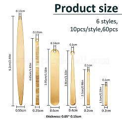 60個6スタイル真鍮ペンダント  生（メッキなし）  ゴールドカラー  15~62x2~6x0.5~1mm  穴：1~1.4mm  10個/スタイル&nbsp;KK-FH0008-30