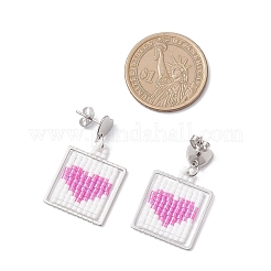 Handmade Glass Seed Beaded Square with Heart Dangle Stud Earrings&nbsp;EJEW-MZ00559