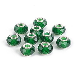 カット加工ガラスヨーロピアンビーズ  大穴ビーズ  銀トーン真鍮コアと  ロンデル  グリーン  13.5~14x8.5~9mm  穴：5mm&nbsp;GPDL-E004-01D