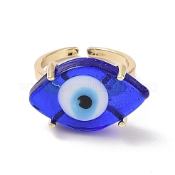 ランプワーク オーバル ウィズ イービル アイ オープン カフ リング  女性のための本物の 18 k 金メッキ真鍮ラッキー ジュエリー  鉛フリー＆カドミウムフリー  ブルー  usサイズ6 1/4(16.7mm)&nbsp;RJEW-I086-13G-01