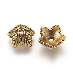 チベット風合金ビーズキャップ  無鉛の  5花びら  花  アンティーク黄金  10x4mm  穴：1mm&nbsp;X-TIBEB-A24621-AG-LF