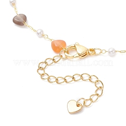 Colorful Cat Eye Heart & Plastic Pearl Beads Brass Link Chain Anklets&nbsp;AJEW-AN00729