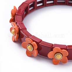 (ジュエリーパーティー工場販売)タイル弾性ブレスレット  スプレー塗装合金ストレッチブレスレット  合成宝石付き  花の正方形  暗赤色  2インチ（5.1cm）&nbsp;BJEW-K004-13