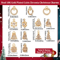 12個6スタイル真鍮製マイクロパヴェキュービックジルコニアチャーム  ニッケルフリー  クリスマスのために  スノーフレーク/クリスマスツリー/ベル  18KGP本金メッキ  透明  9.5~12x8~9x2~2~2.5mm  穴：1~1.2mm  2個/スタイル&nbsp;KK-BBC0005-29