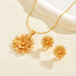 ヴィンテージ真鍮フラワースタッドピアス＆ペンダントネックレスセット（女性用）  18KGP本金メッキ  ネックレス：17.5インチ（44cm）&nbsp;ZA3749