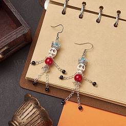 Synthetic Turquoise & Natural Mashan Jade Skeleton Dangle Earrings&nbsp;EJEW-TA00223