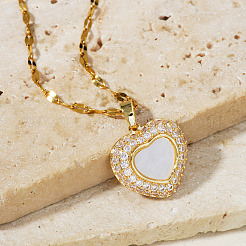 Elegant Heart-shaped Brass Clear Cubic Zircon Pendant Dapped Chain Necklaces for Women&nbsp;MS3018