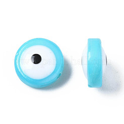 天然淡水シェルビーズ  エナメル  染め  ナザールボンジュウ付きフラットラウンド  空色  8x3~4mm  穴：0.8mm&nbsp;SHEL-S278-001A